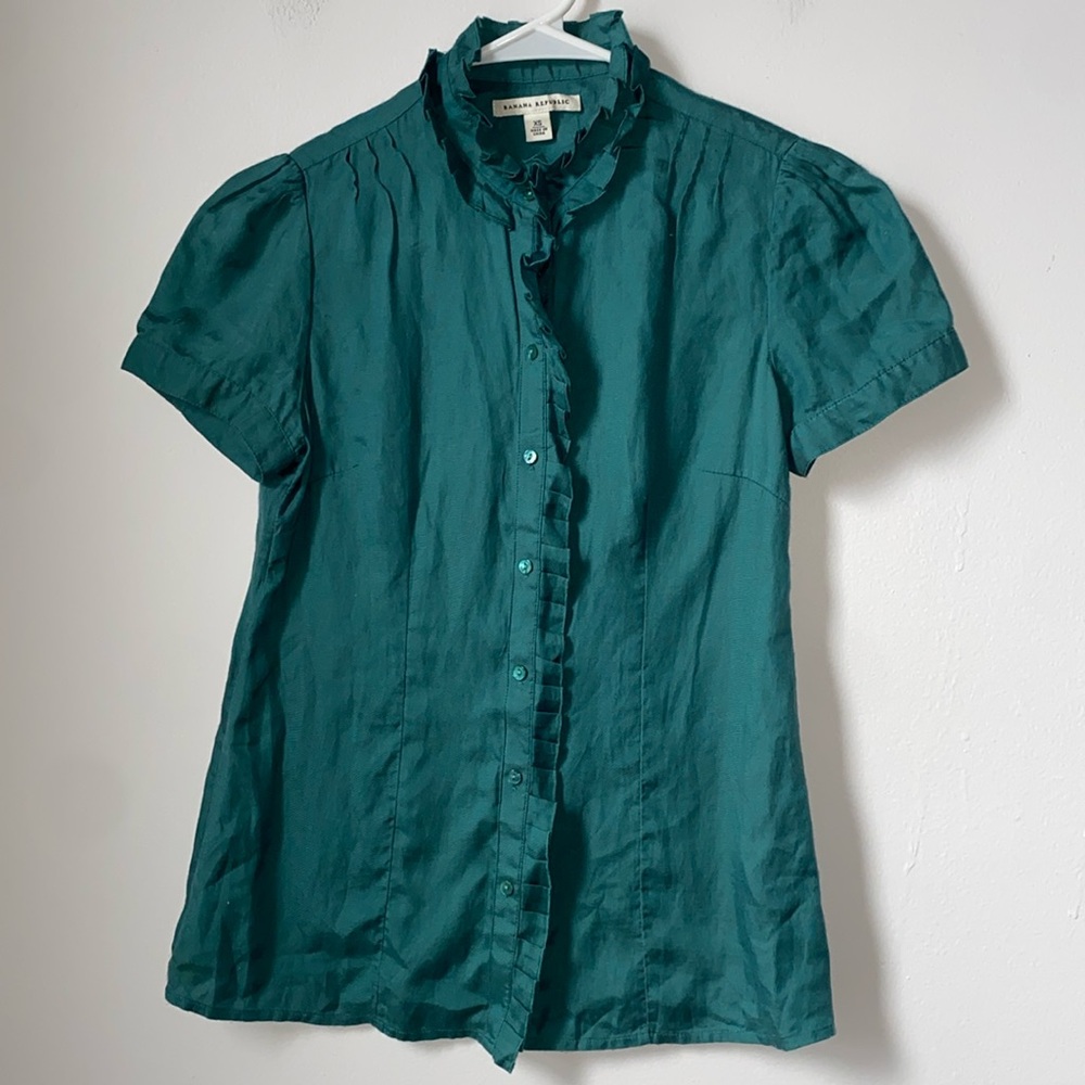 Banana Republic Teal Ruffled Short Sleeve Button-Down Shirt